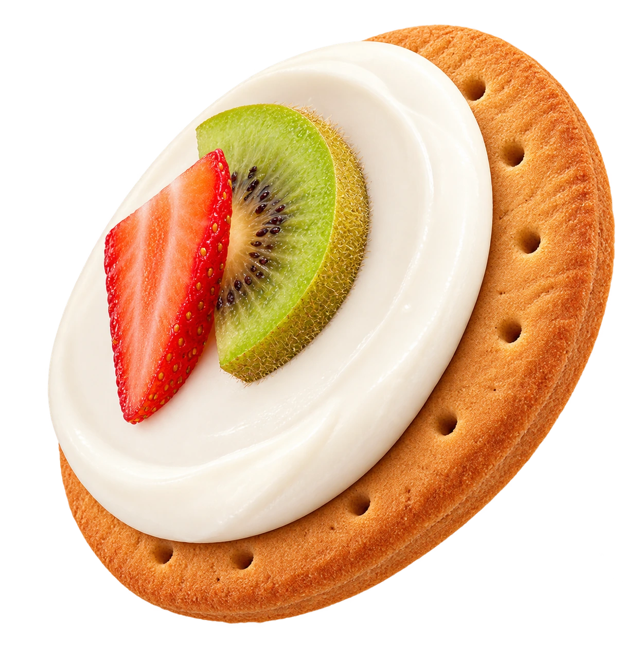 Cream biscuit topped with strawberry and kiwi