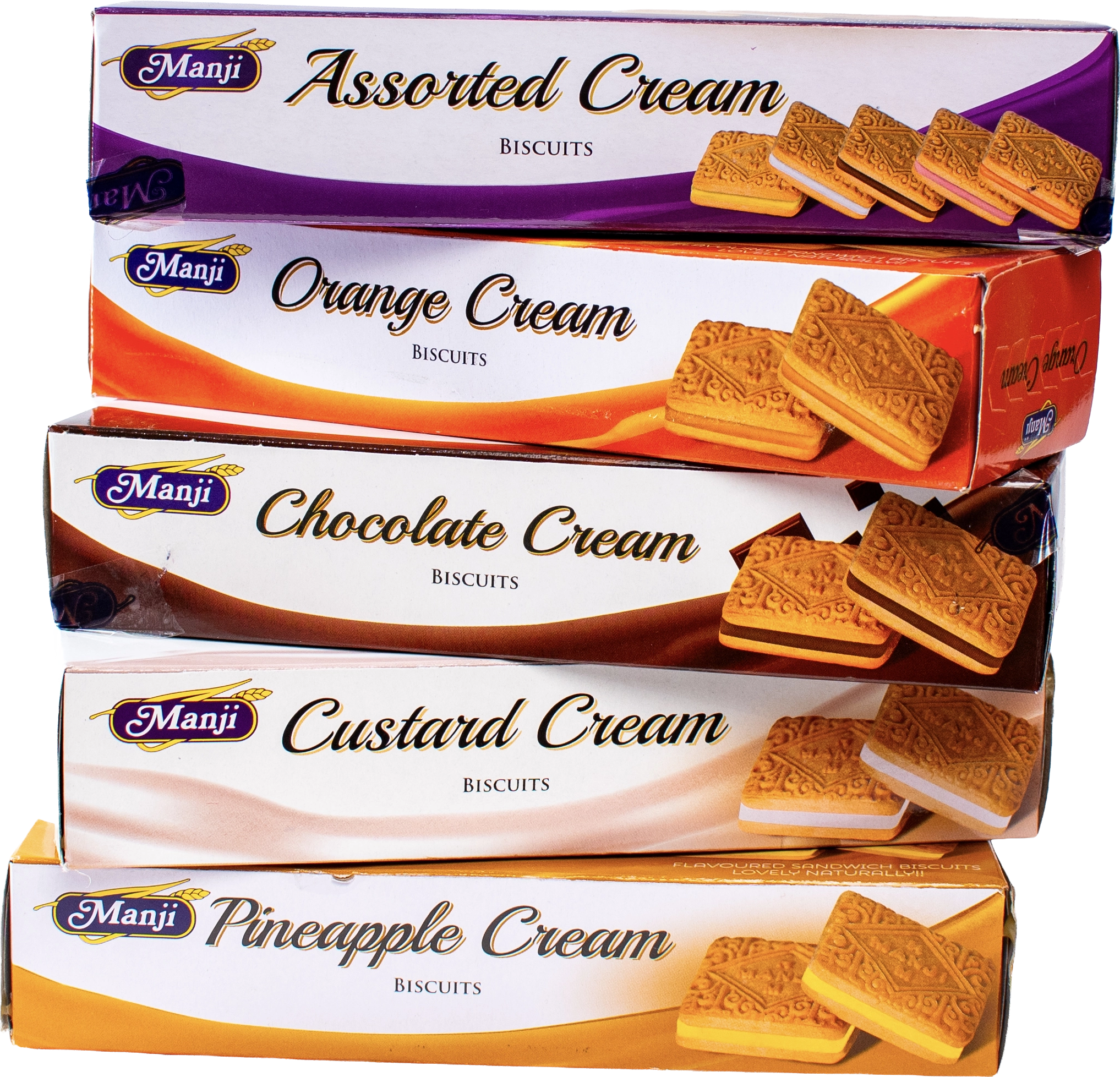 Manji 160g cream biscuit range with assorted, orange, chocolate, custard and pineapple cream packs