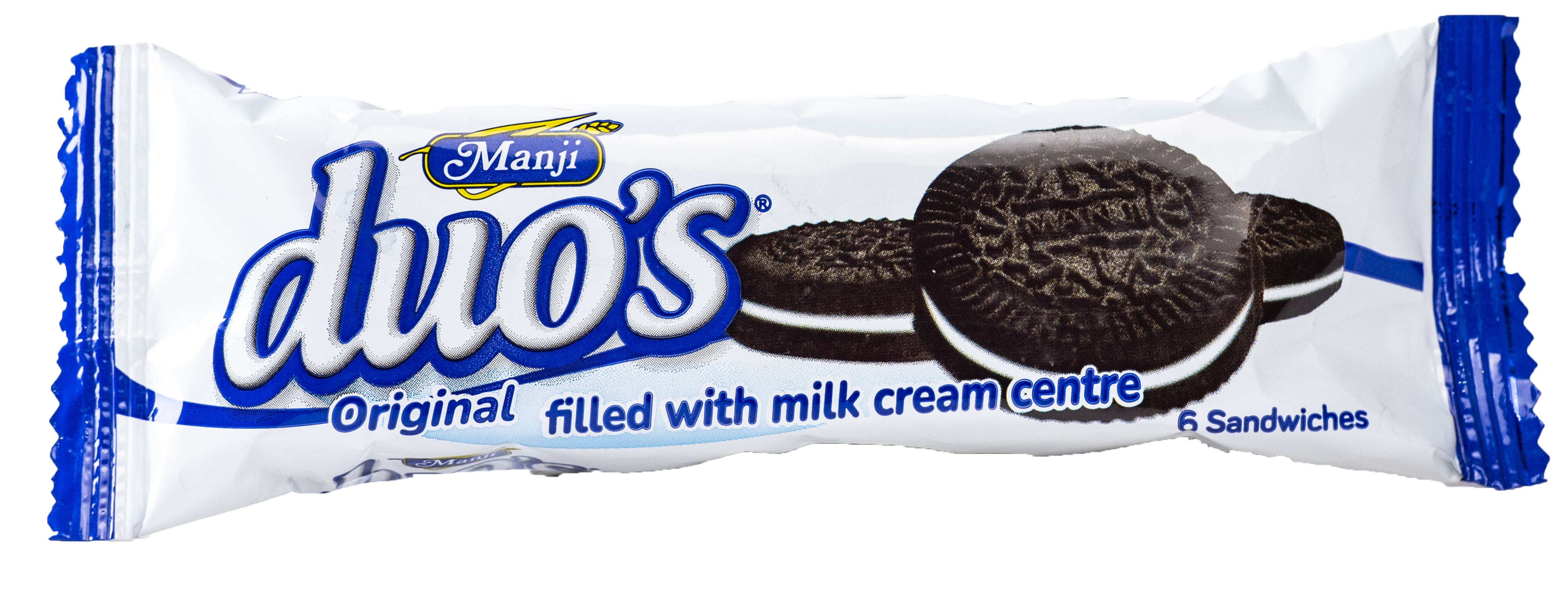 Manji Duos Original chocolate sandwich biscuits filled with milk cream centre, 60g pack