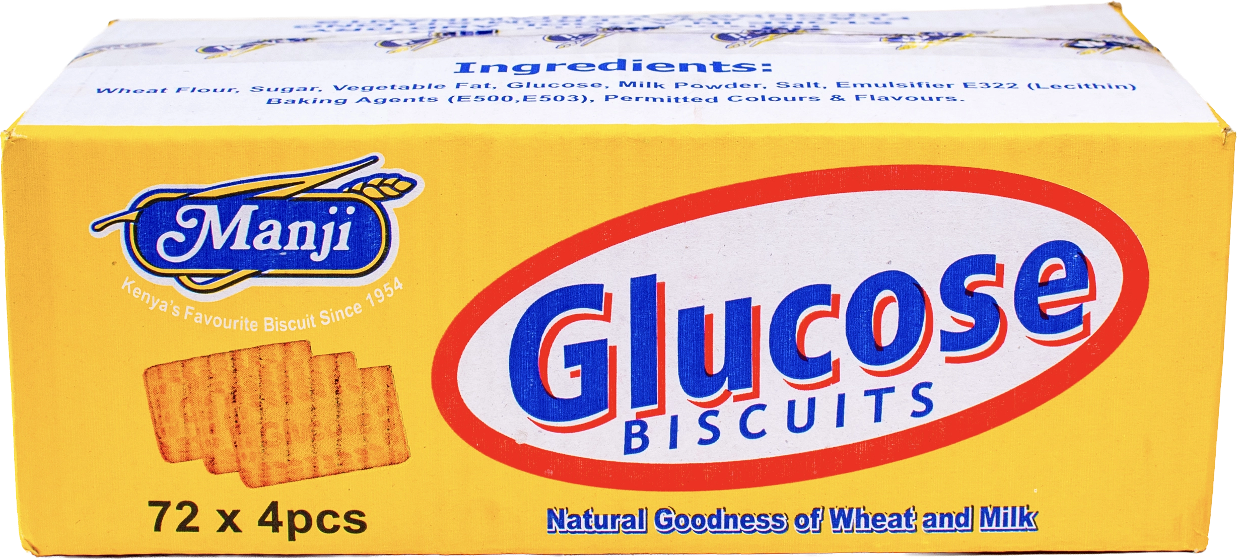 Manji Glucose Biscuits outer carton containing 72 four-piece packs