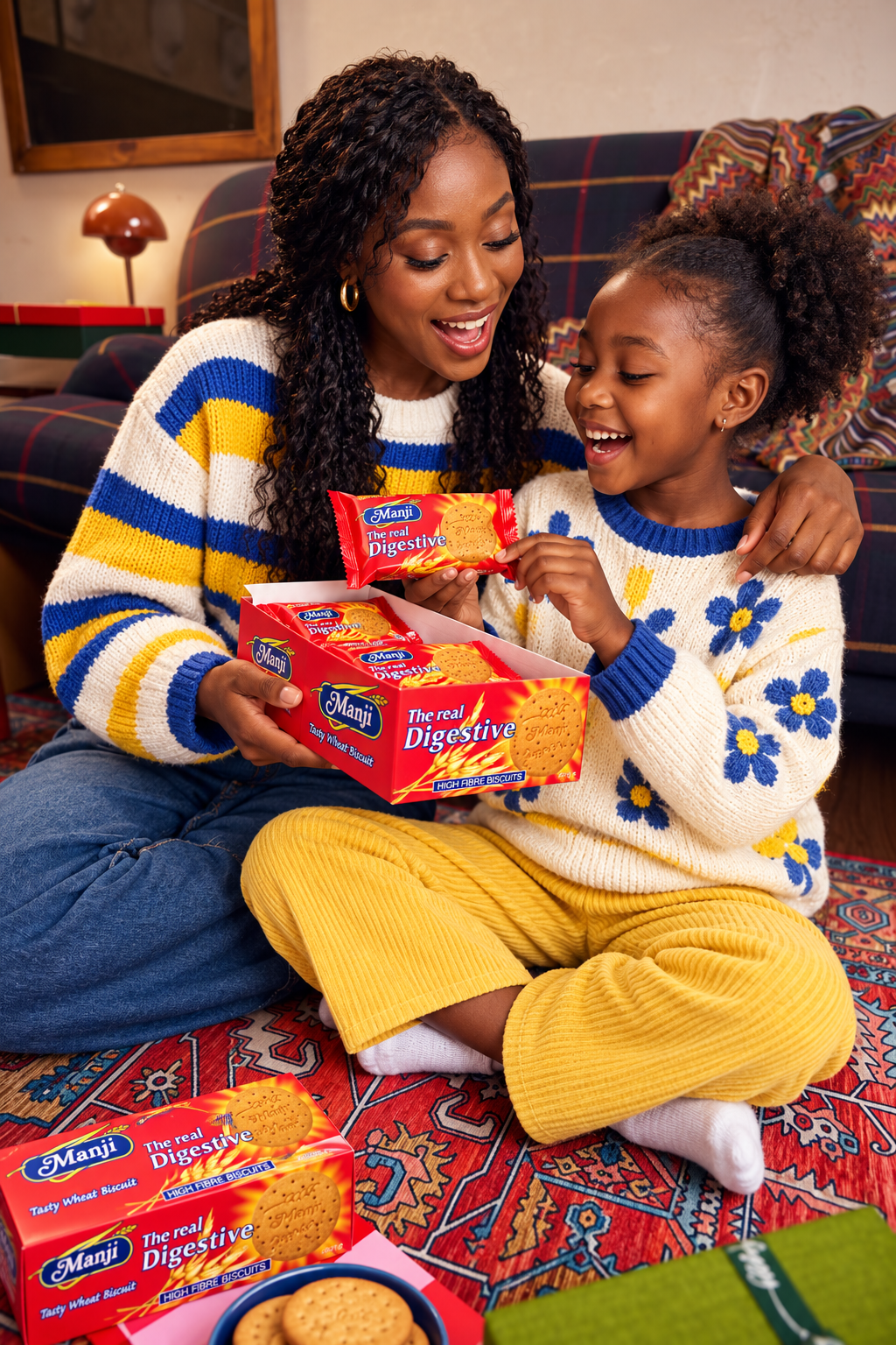 A mother and child enjoying Manji Digestive biscuits together